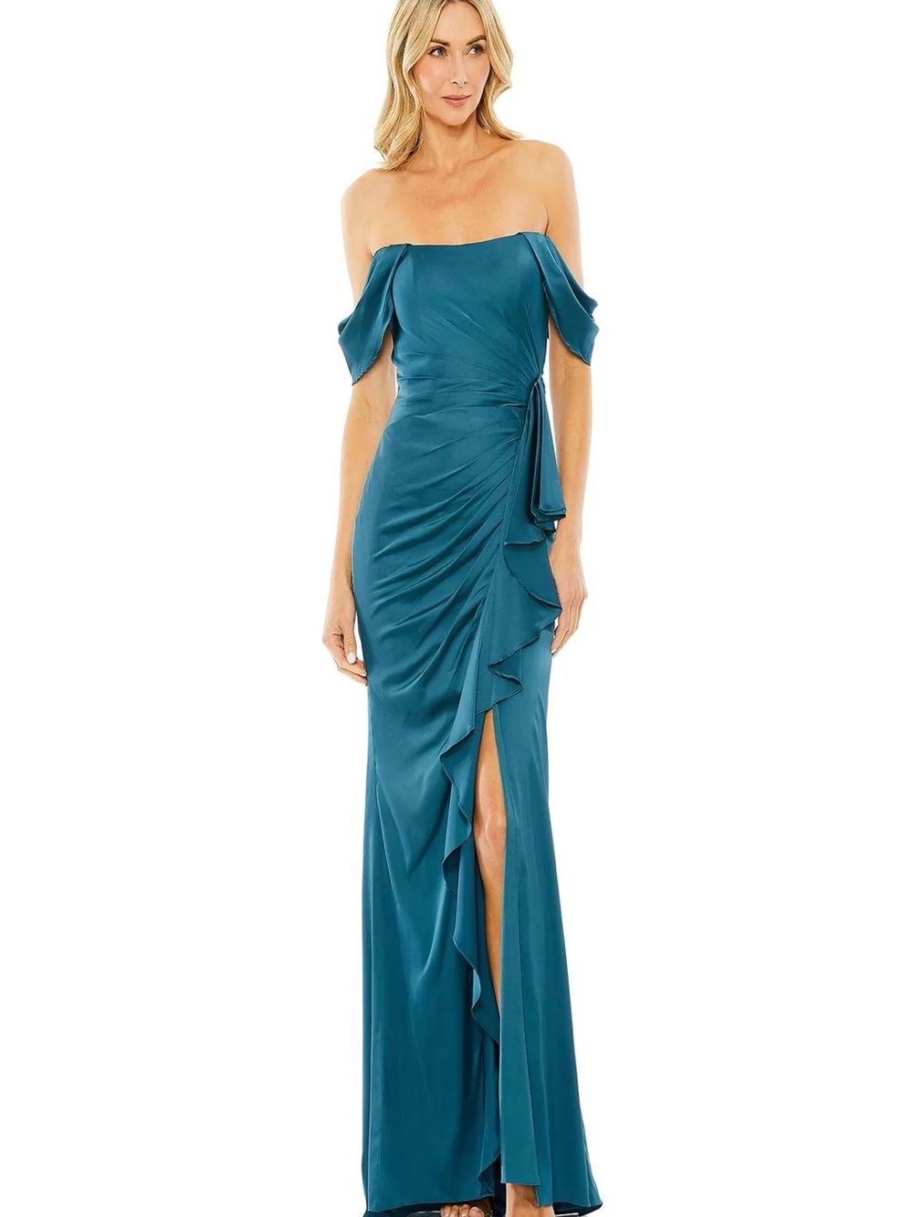 Mac Duggal Teal Off-Shoulder Ruffle-Side Evening Gown